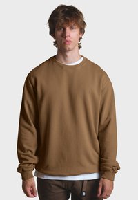 Brauner Pullover mit Rundhalsausschnitt, langen Ärmeln, gerippten Bündchen und dezentem Logodetail auf der Brust. Getragen über einem weißen T-Shirt.