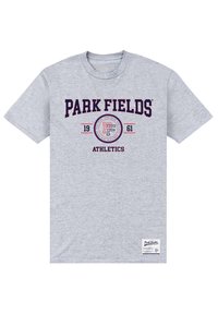 Grå bomulds t-shirt med "PARK FIELDS" i mørkeblå, med et rundt logo og teksten "ATHLETICS" nederst i venstre hjørne.
