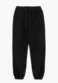 Zwarte trainingsbroek met een elastische tailleband, taps toelopende manchetten en een zachte textuur, met een eenvoudig ontwerp zonder zakken of extra details.