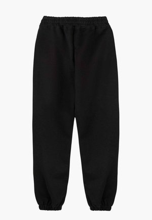 Schwarze Jogginghose mit elastischem Bund, schmal zulaufenden Bündchen und weicher Textur, die ein einfaches Design ohne Taschen oder zusätzliche Details aufweist.