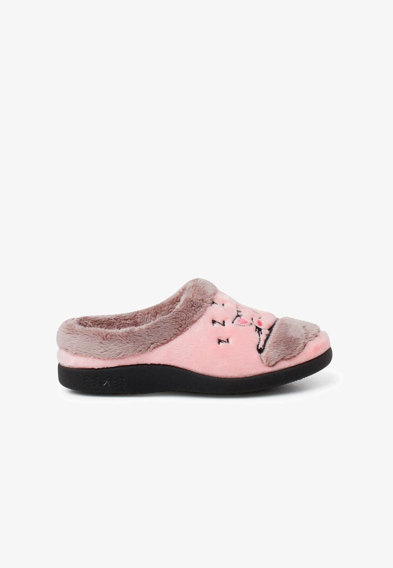 Rosa, flauschige Hausschuhe mit grauem Pelzbesatz, die ein Katzenkopfdesign und Schlafsymbole auf der Vorderseite gestickt haben. Schwarze Sohle.
