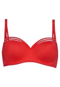 Červená podprsenka s kosticemi, hladkým materiálem a tvarovanými košíčky. Má tři tenké, horizontální popruhy na každém rameni. Uzavřený design vzadu.