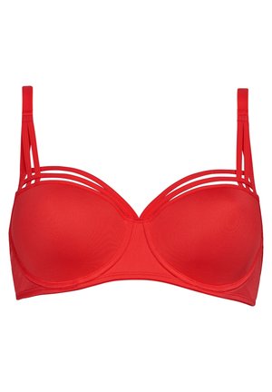Rotes BH mit Unterbruststütze, glattem Stoff und geformten Cups. Verfügt über drei dünne, horizontale Träger auf jeder Schulter. Geschlossene Rückengestaltung.
