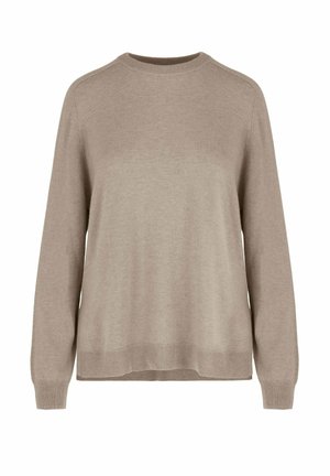 Maglione beige a maniche lunghe con scollo rotondo, polsini e orlo a coste, realizzato in tessuto morbido lavorato a maglia.