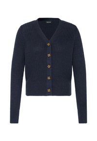 Cardigan tricoté bleu marine avec un col en V, sept boutons en bois sur le devant, et des poignets et un ourlet côtelés. Design court et ajusté.