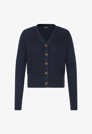 Námořnický pletený kardigan s výstřihem do V, sedmi dřevěnými knoflíky vpředu a žebrovanými manžetami a lemem. Krátký, přiléhavý střih.