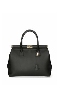 Bolso de cuero negro con forma estructurada, asas superiores, herrajes en tono dorado y un detalle de cierre. Superficie texturizada con un minimalismo en los detalles.