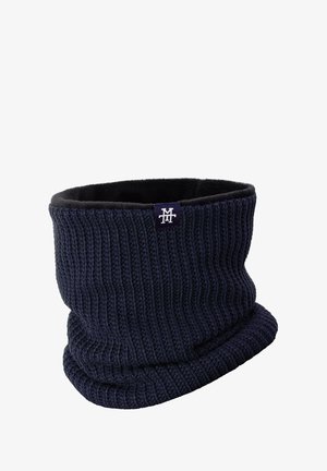 Strickschlauchschal in marineblau mit gerippter Textur; weiche schwarze Innenauskleidung; kleine Logostickerei mit verschlungenen Buchstaben; schlauchförmiges Design für einfaches Tragen.