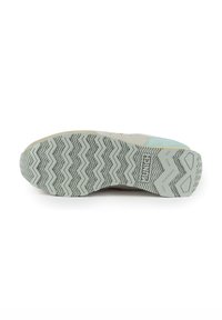 Sneaker sole in light green rubber with zigzag pattern. Upper features suede and textile in pastel colors with logo detailing. Flat design.
