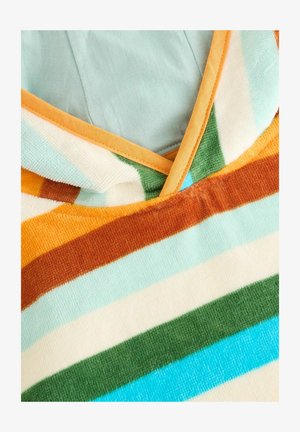 Un material cu dungi multicolore în nuanțe de albastru deschis, verde, marron, portocaliu și crema; cu o textură moale, plăcută la atingere și având un design cu guler în V.