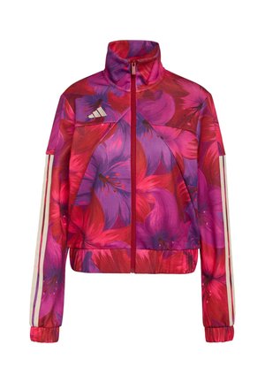 Jas met bloemenprint in levendige roze en paarse tinten, gemaakt van lichtgewicht materiaal. Heeft een hoge kraag, ritssluiting aan de voorkant en drie witte strepen op de mouwen.