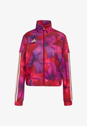 Jas met bloemenprint in levendige roze en paarse tinten, gemaakt van lichtgewicht materiaal. Heeft een hoge kraag, ritssluiting aan de voorkant en drie witte strepen op de mouwen.