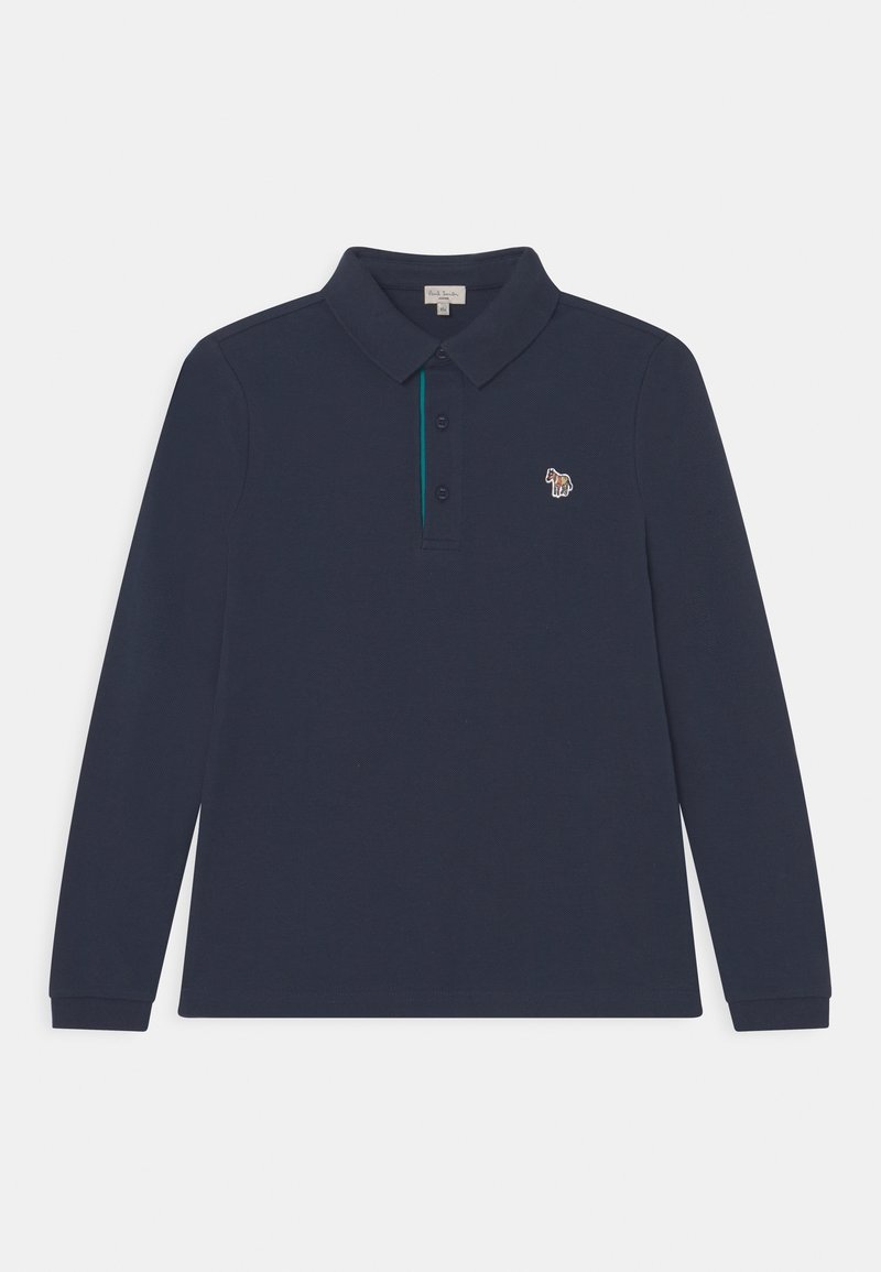 Marineblauwe polo met lange mouwen, gemaakt van gestructureerde stof. Heeft een groene accentkleur op de knopenlijst en een klein geborduurd paardlogo.