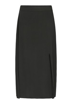 Melnas ceļgala garuma svārki ar šķēlumu labajā pusē, taisna piegriezuma un ar jostasvietu.