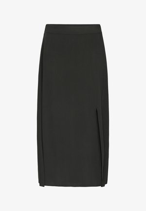 Fekete térdig érő szoknya jobboldali hasítékkal, egyenes szabású és derékpántos.