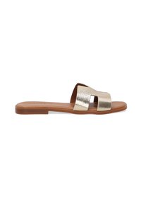 Gouden metallic slide sandaal met twee uitgesneden banden, tan zool, platte constructie en een soepele leren textuur. Geschikt voor casual gebruik.