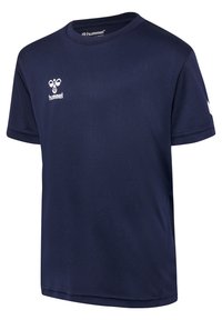 Granatowy sportowy t-shirt z krótkim rękawem z białym logo hummel na piersi i wzorem w szewron na rękawie.