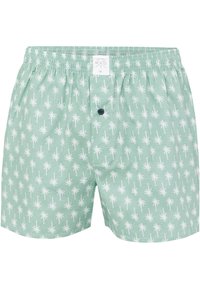 Shorts de bain vert clair avec un motif répété de palmiers blancs, une taille élastique et un seul bouton noir à l'avant.