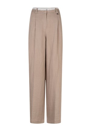 Beige linnenbroek met een losse pasvorm, voorzien van een omgevouwen tailleband, plooien aan de voorkant, en een subtiel horizontaal patroon op de binnenvoering.