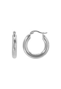 Orecchini a cerchio in argento con un design morbido e curvato. Presentano una finitura lucida e un meccanismo di chiusura sicuro. Forma rotonda e cilindrica.