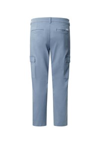 Light blue cargo pants with a straight cut, two side pockets, and two rear pockets, made of soft cotton material.
