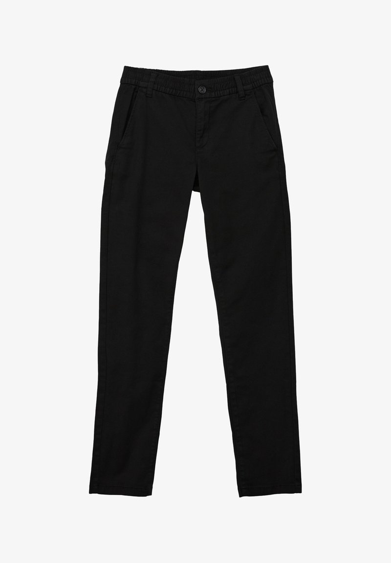 Pantalon droit noir avec taille élastique, fermeture par bouton, poches latérales et passants pour ceinture, présenté à plat sur un fond blanc.