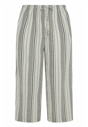 Løse hvide bukser med lodrette sorte og grå striber og justerbar snøre i taljen.