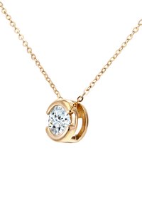 Gold necklace featuring a circular pendant with a clear, round faceted gemstone. Chain is delicate with oval links.