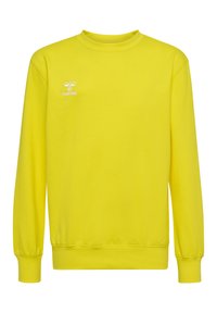 Klart gul sweatshirt gjord av mjukt tyg, med rundad halsringning, långa ärmar och en liten vit logotyp på bröstet. Slät textur.