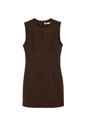 Mouwloze donkerbruine jurk tot op de knie met ronde halslijn en ritssluiting aan de achterkant, getailleerde pasvorm, minimalistisch ontwerp.