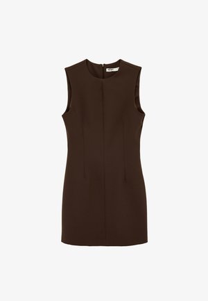 Ærmeløs mørkebrun knælængde kjole med rund halsudskæring og lynlåslukning bagpå, skræddersyet pasform, minimalistisk design.