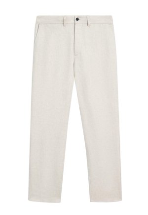 Beige broek met rechte pijpen, voorzakken, riemlussen en een zwarte knoopsluiting aan de tailleband.