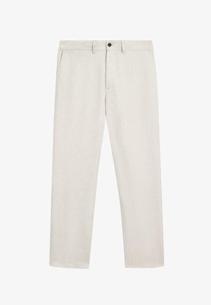 Béžové kalhoty s rovnými nohavicemi, předními kapsami, poutky na opasek a černým zapínáním na knoflík v pase.