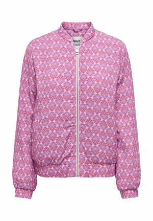 Svetlofialová bomber bunda s ružovým a červeným symetrickým kvetinovým vzorom, predným zipsom a elastickými manžetami a pásom.