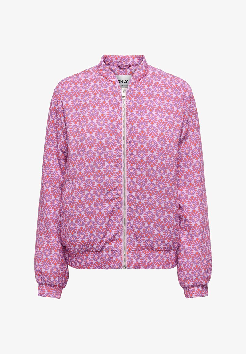 Lichtpaarse bomberjas met roze en rode symmetrische bloemenprint, rits aan de voorkant en elastische manchetten en tailleband.