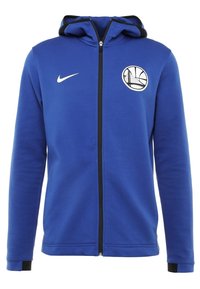 Sudadera con capucha azul con cremallera, interior negro, mangas largas, logo de Nike en el pecho izquierdo y logo redondo de los Golden State Warriors en la parte delantera.