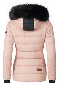 Pink padded jacket with a black faux fur hood, horizontal stitching, elastic cuffs, and a branded patch on the lower side.