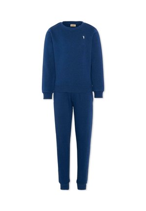 Felpa blu navy a manica lunga e pantaloni da jogging abbinati con polsini a coste e piccolo logo bianco a forma di uccello sul petto.
