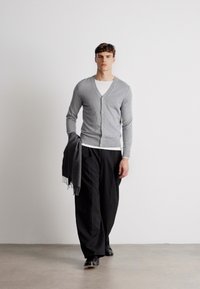 Siv kardigan s gumbi, nosen preko belega T-majice. V kombinaciji z črnimi širokimi hlačami in temnosivim šalčkom. Gladka tekstura.