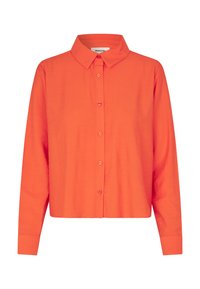 Chemise orange à boutons, fabriquée en tissu léger, avec un col classique, des manches longues à poignets boutonnés, et un ourlet droit.