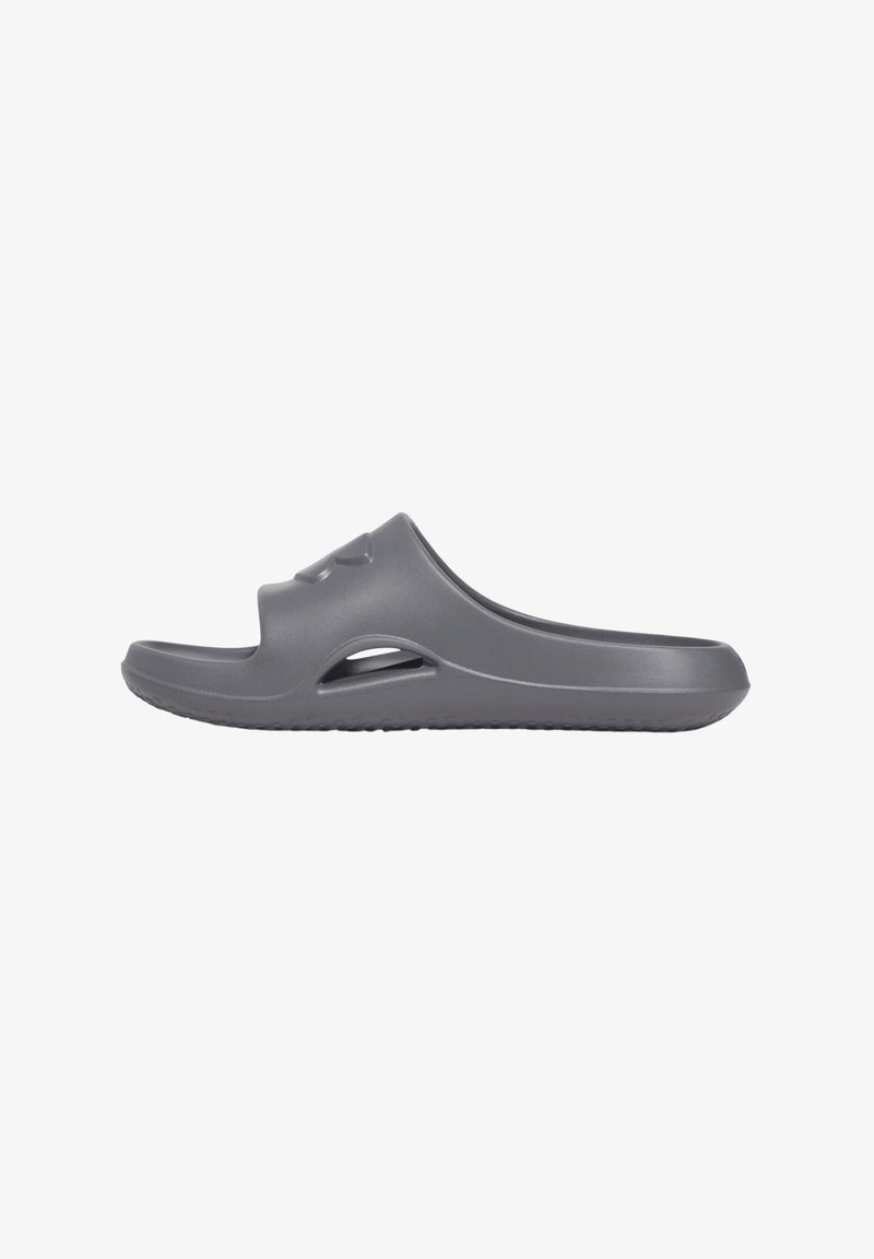 Gray plastic slide sandal with an open toe, features side cutouts, a textured sole for grip, and soft curves in the design.