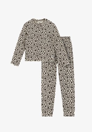 Langarm-Top und Hose mit beigem Hintergrund und dunkelbraunem floralem Leopardenmuster.