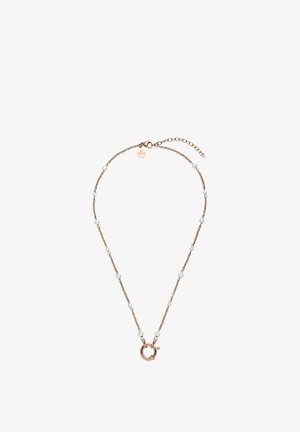 Zarte Halskette aus Roségold mit gleichmäßig verteilten kleinen weißen Perlen und einem runden Federringverschluss.