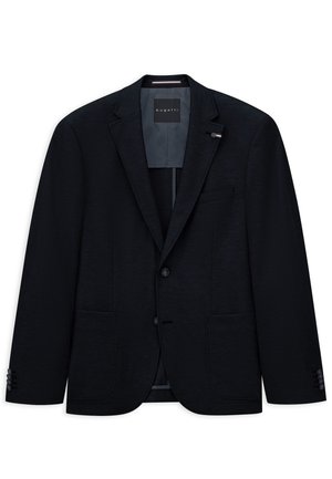 Black single-breasted men's blazer with notch lapels, two front pockets, two buttons, and a buttoned cuff on each sleeve.