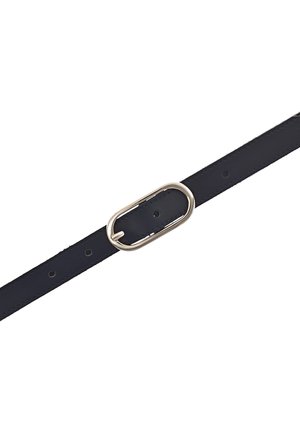 Black leather belt with an oval silver metal buckle and multiple adjustment holes on a white background.