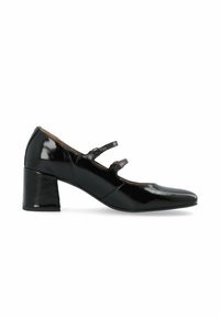 Zapato Mary Jane de charol negro con punta apuntada, dos correas ajustables y un tacón grueso. Textura suave con acabado brillante.