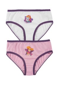 Due paia di mutandine per bambini. Una bianca con rifiniture viola e un'immagine di due cuccioli; l'altra rosa con rifiniture viola e un'immagine di un singolo cucciolo.