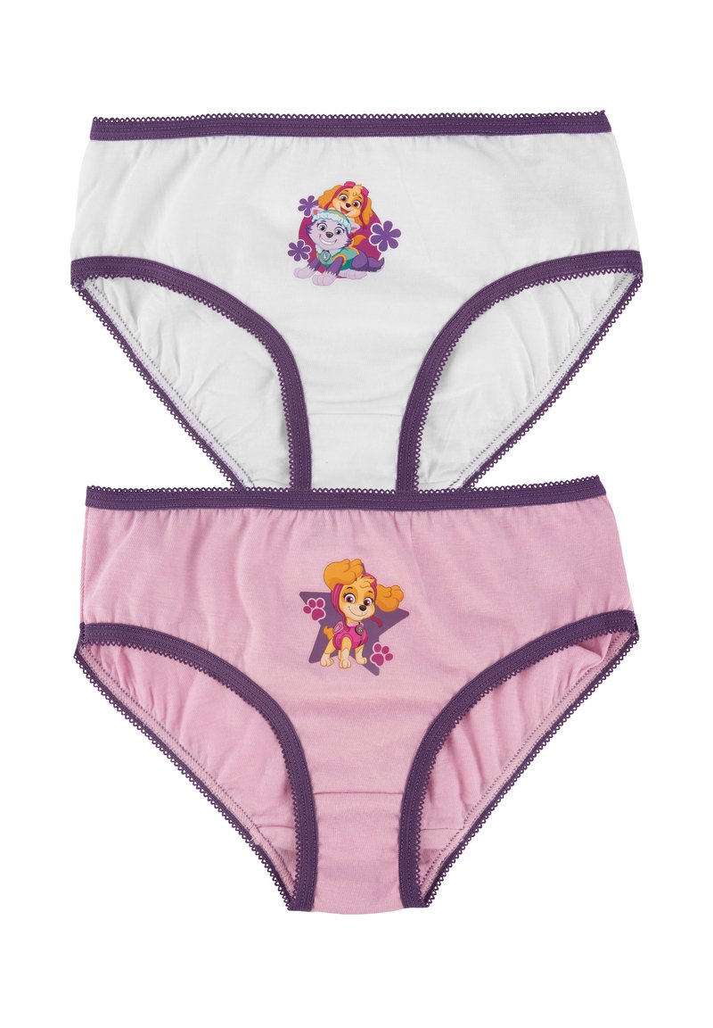 Due paia di mutandine per bambini. Una bianca con rifiniture viola e un'immagine di due cuccioli; l'altra rosa con rifiniture viola e un'immagine di un singolo cucciolo.