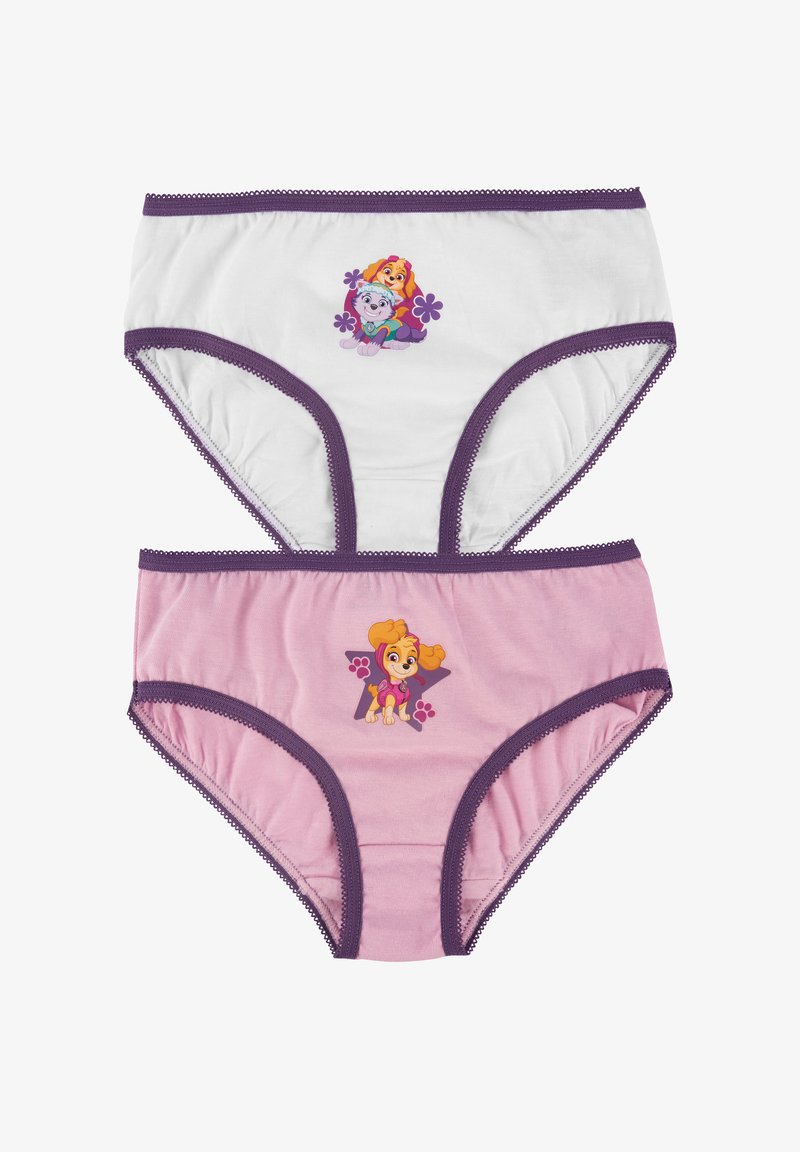 Due paia di mutandine per bambini. Una bianca con rifiniture viola e un'immagine di due cuccioli; l'altra rosa con rifiniture viola e un'immagine di un singolo cucciolo.