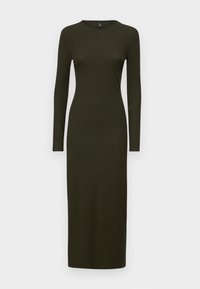 Žebrované dlouhé šaty s dlouhým rukávem v tmavě olivově zelené barvě. Úzký střih, kulatý výstřih, délka po zem s minimálním designem, hladká textura.